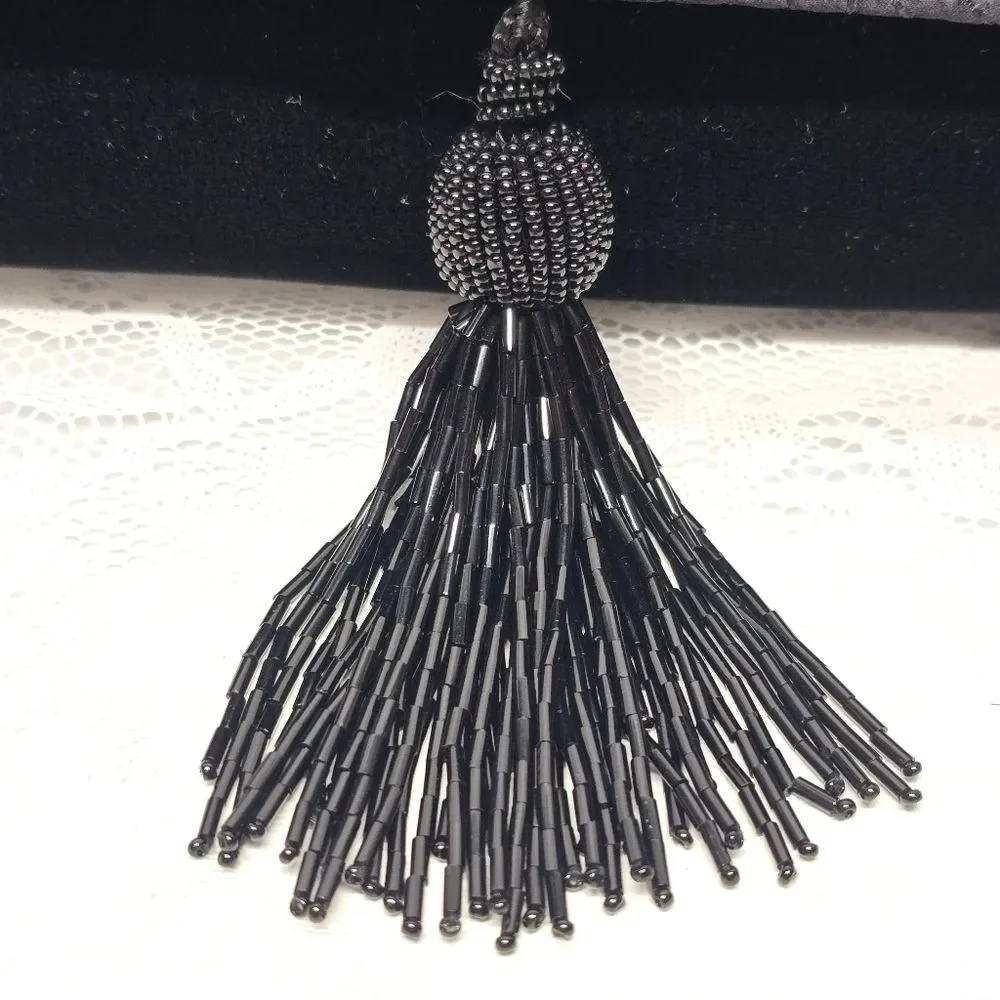 The Limited Velvet Velour Black Evening Clutch Wristlet With Beaded Tassel